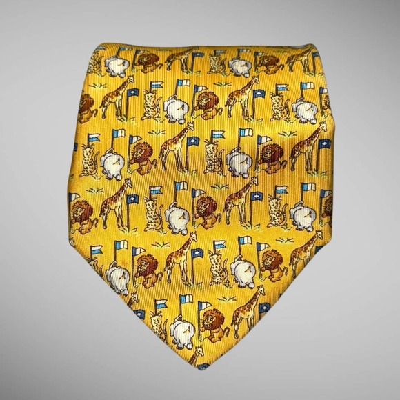 Salvatore Ferragamo Authentic Men Tie Animal‎ Pattern Silk Necktie Yellow - Picture 1 of 7